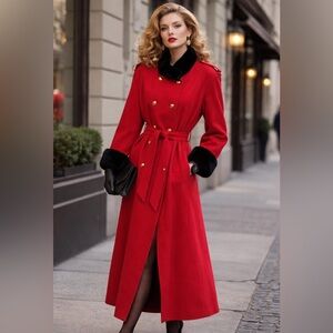 Hannah Collection Saxonia Luxury Genuine Wool duster trench coat faux fur trim